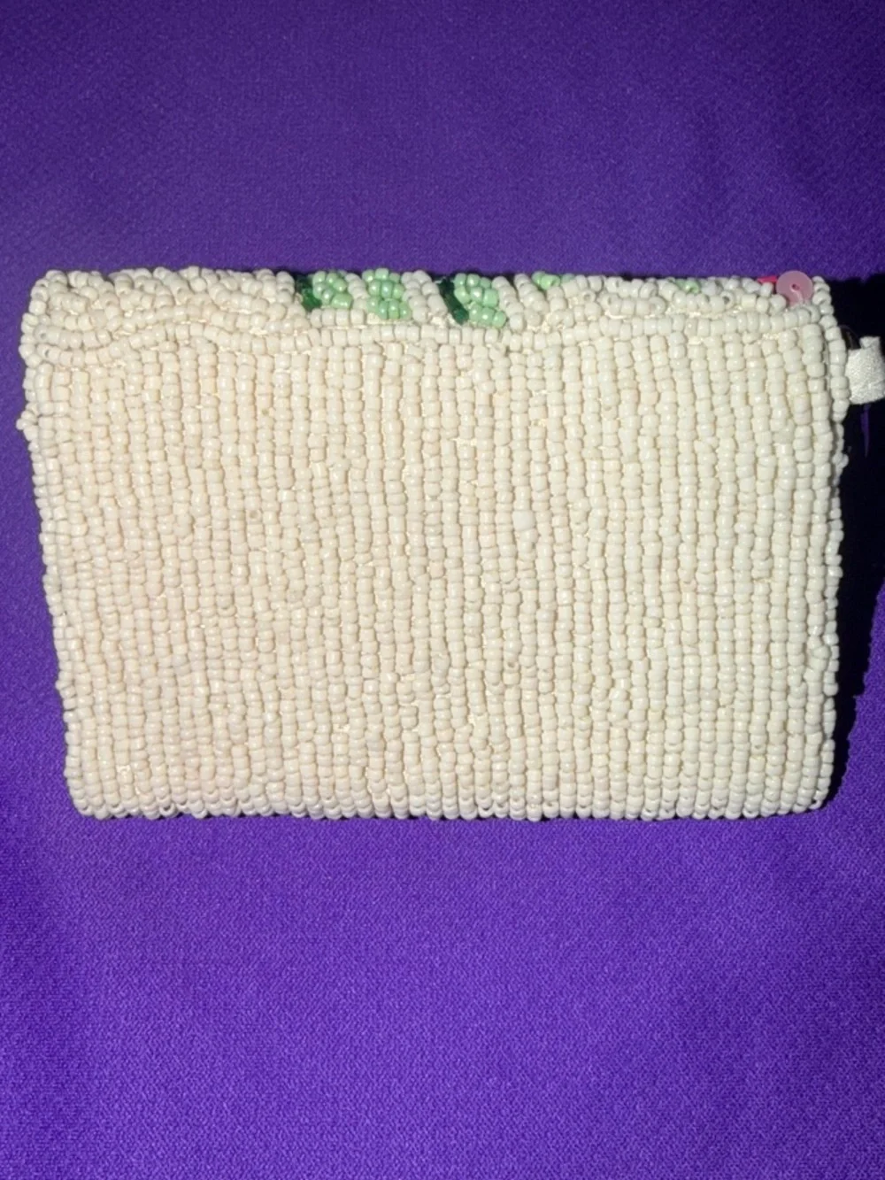 Beaded Floral Envelope Wristlet Clutch in Cream with Pink & Green Accents